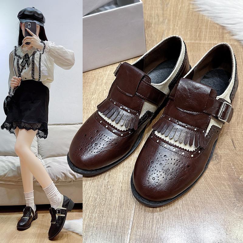 Neue Braune Quastenabsätze 2024 Runde Zehen Kurzer Absatz Schnalle Quaste Damen Slipper Flache Sexy Schuhe