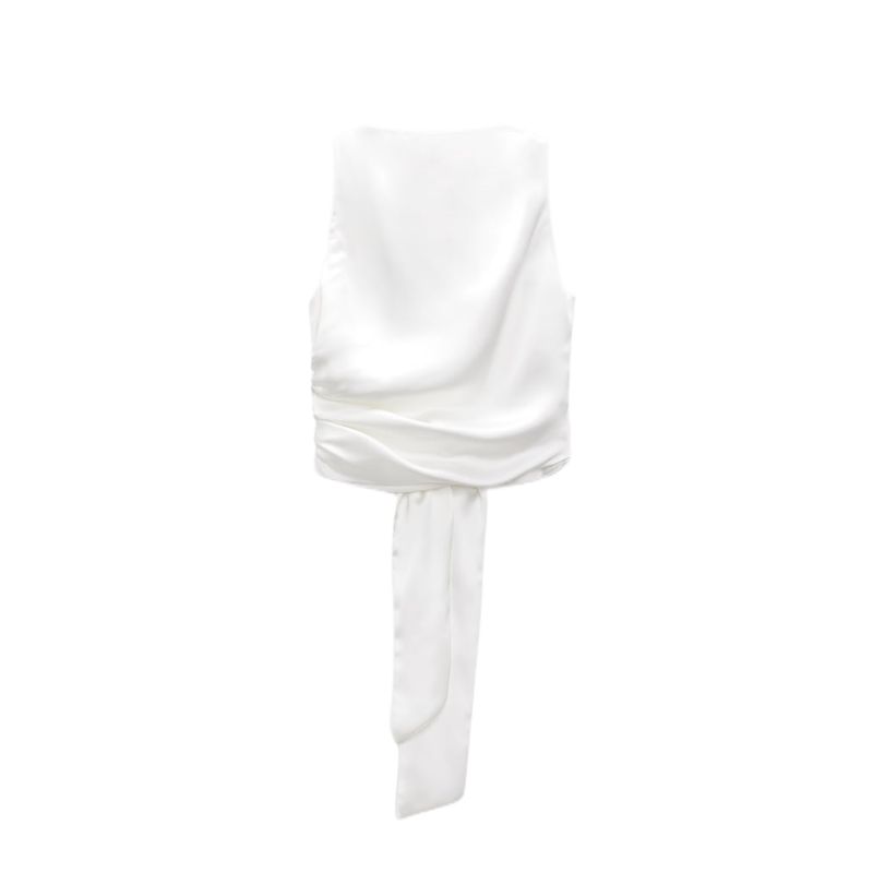 Spring NEW round Neck Sleeveless Sexy Bow Vest Open Back Silk Satin Texture Tops 2442650