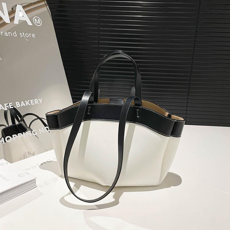 New Leather Basket Handbag Luxury Brand Designer Large Capacity Fashi Simple Ctrast Color Commuter Banquet Shoulder Tote Bag
