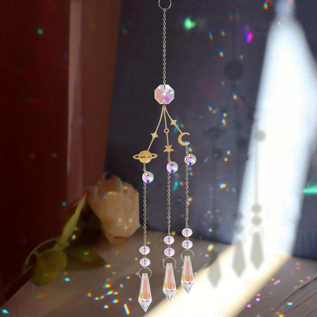 1 Star and Moon Gold Crystal Pendant Sun Catcher - Garden Decoration, Colorful Crystal Festival Decoration Pendant