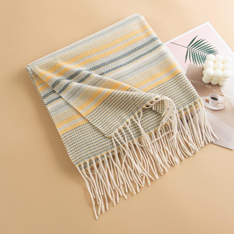 Japanese and Korean Colored Striped Imitation Cashmere Tassel Scarf for Women High End Contrast Color Versatile Thickened Warm Scarf
