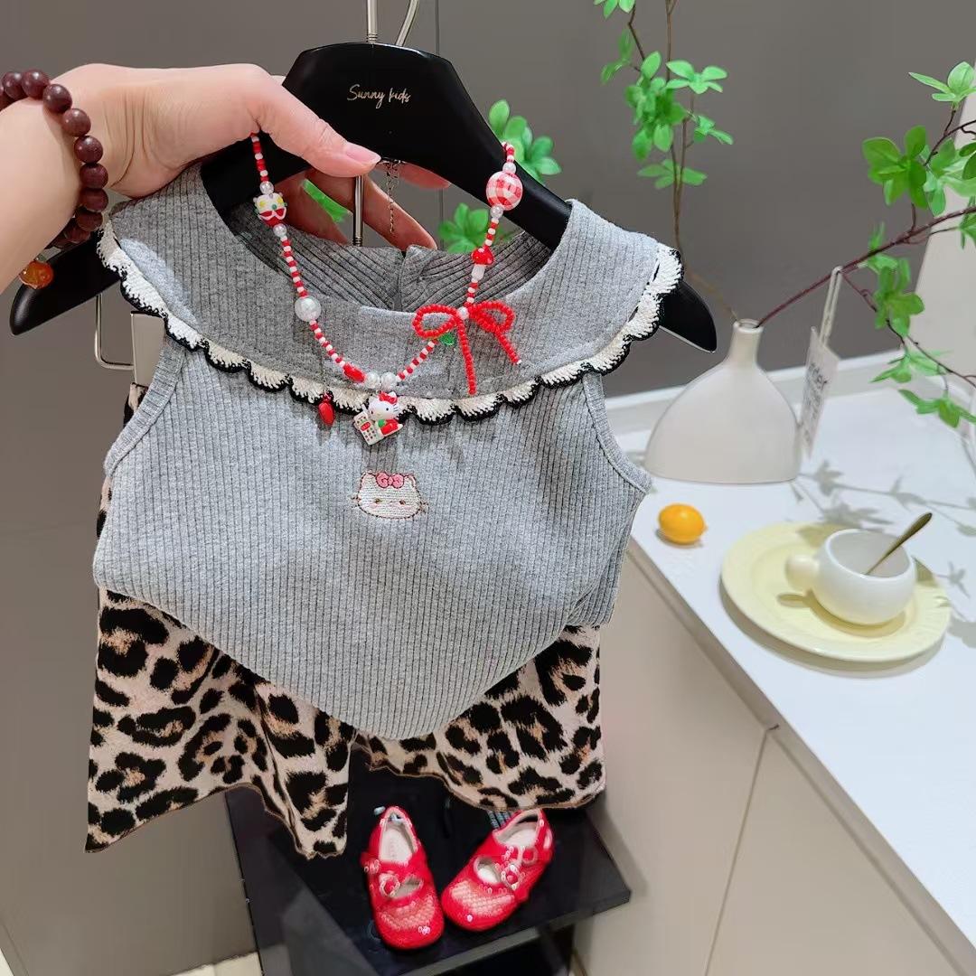 Girls Summer Leopard Print Sleeveless Set Cute Cat Embroidery Ruffle Vest And Shorts Two Piece Outfit 80cm