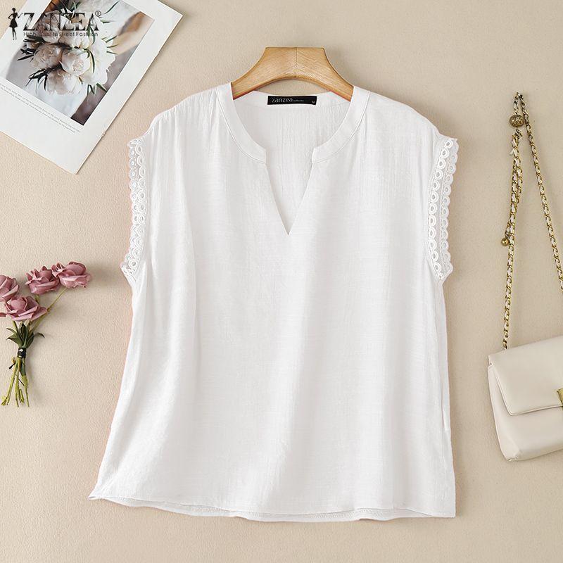 ZANZEA Blusa Casual da Donna con Scollo a V, Colore Unito, Vestibilità Larga, Inserti in Pizzo, Manica Corta