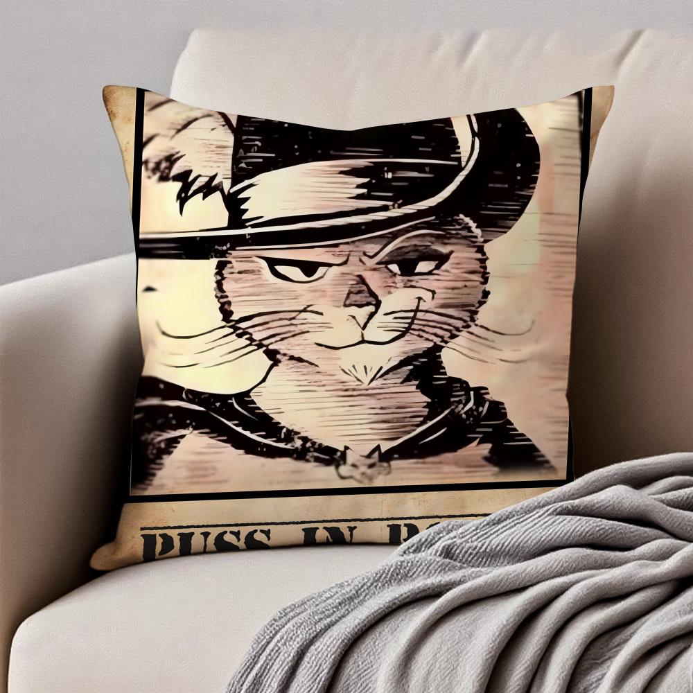 Interesting Funny PPuss In Boots Cushion Cover Pillowcase Antidustmite Invisible Zipper Short Plush Sofa Cushion