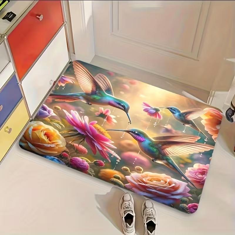 Colorful Hummingbird and Flower Print Doormat Vibrant Garden Design Non Slip Floor Mat for Nature Lovers