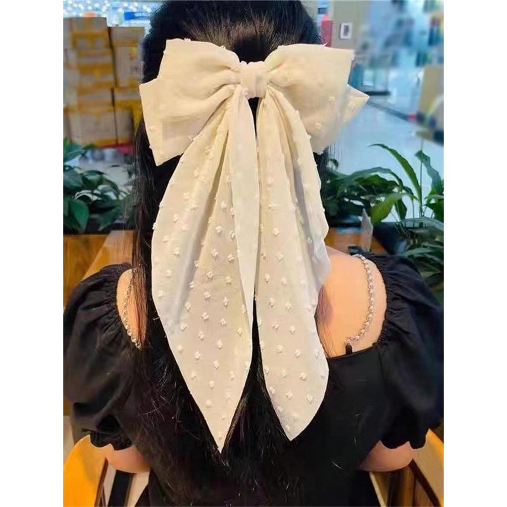 6 Damen Frühling/Sommer einfarbig Chiffon lang gepunkteter Stoff super Fee große Schleife Hinterkopf Haarspange Haarschmuck