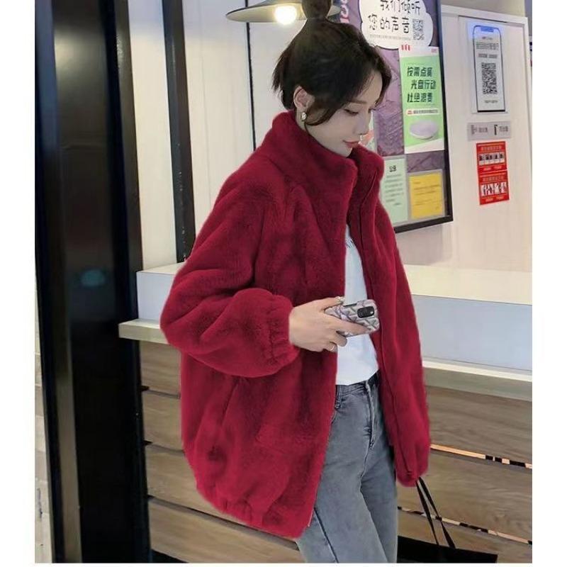 Women Plus Size Fleece Lined Zip Up Stand Collar Loose Winter Coat