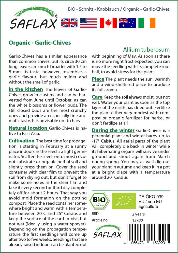 SAFLAX Garden In the Bag - Organic - Garlic-Chives - 100 Seeds - With Substrate In a Fitting Stand Up Bag - Allium Tuberosum