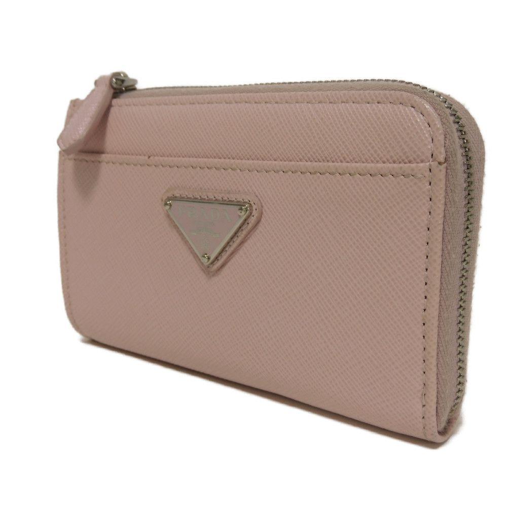 Used Saffiano Keychain 11569 1PP122 7943 L-shaped Zipper Key Ring with Card Case and RFID Triangle Logo, Pink, Women's