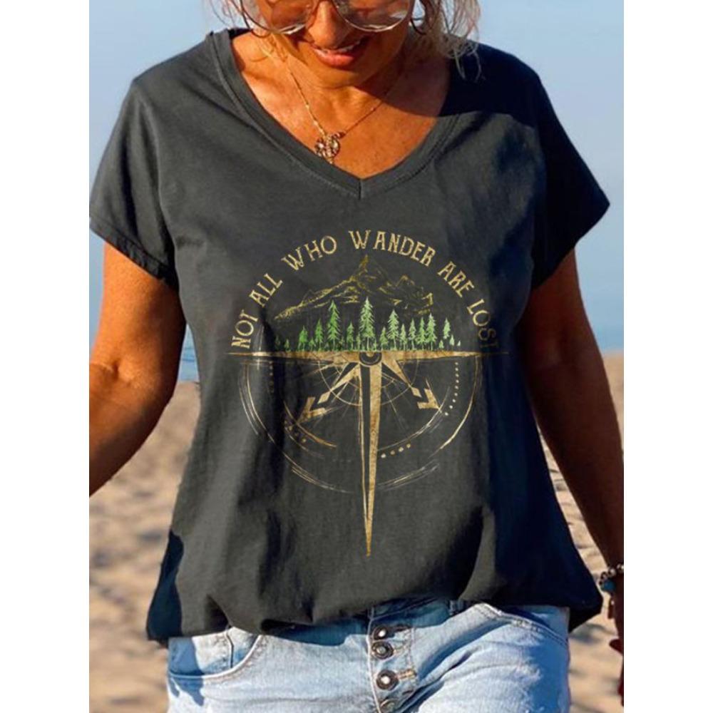 NEW Women's Short Sleeve T-Shirts Casual V Neck T Shirt Hippie Letter Print Tops Summer Tees