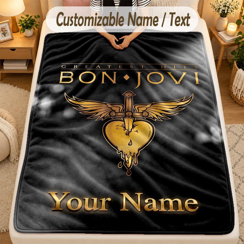 Flannel BlanketBon Jovi Custom Name Text Personalized Soft Warm Throw Blanket Home Decor Gift