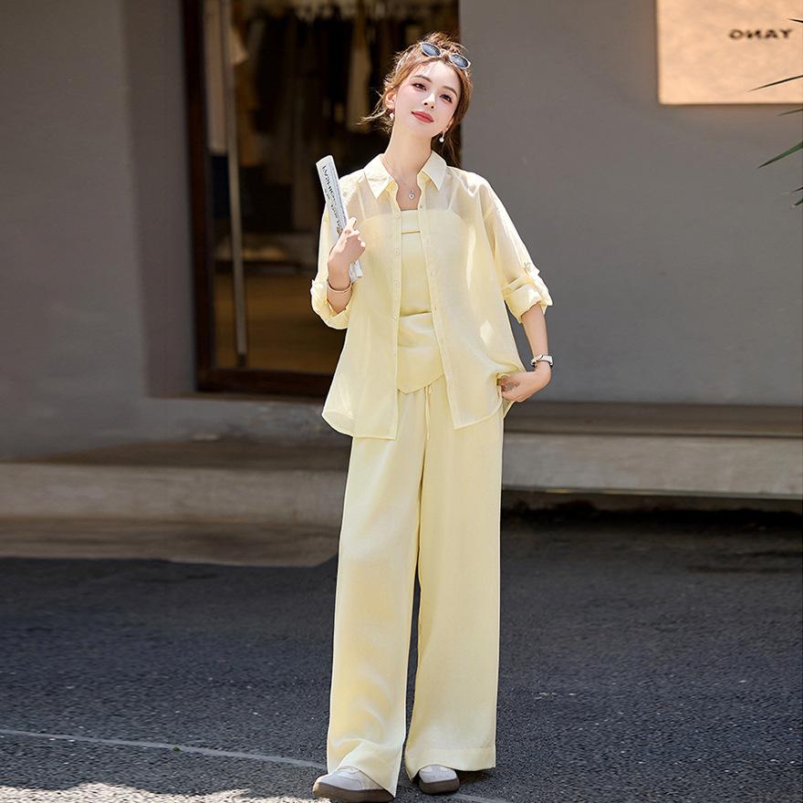 Summer new simple fashion loose temperament Tencel three-piece suspender trousers sunscreen top set women