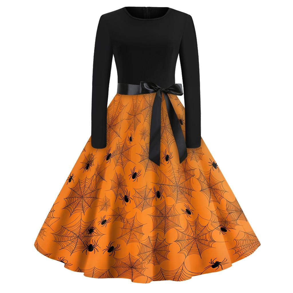 Womens Casual Vintage Halloween Print Dress Long Sleeve Round Neck Retro Fit Flared Skirt Midi Dress with Waist Tie for Autumn