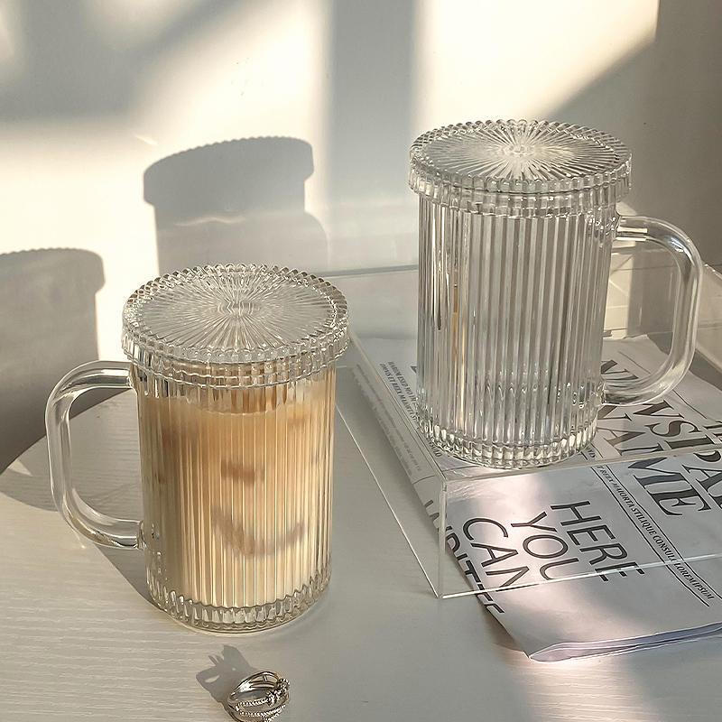 Tasse à Café En Verre Transparent Avec Couvercle Et Cuillère - Rayures Verticales Élégantes 11OZ - Idéale Pour Latte, Thé, Chocolat Chaud