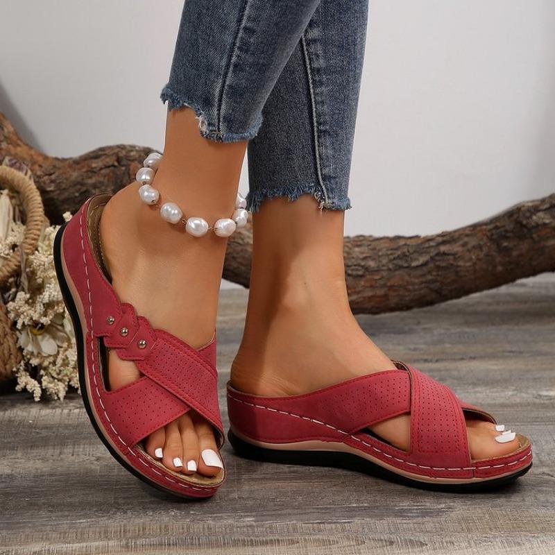 New Slope Heel Flat-bottomed Casual Slippers Women's Cross Strap Solid Color Versatile Shoes