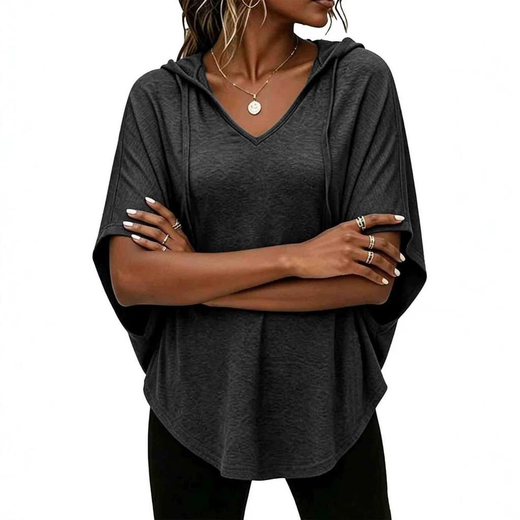 Women's Casual Loose-Fit Hooded V-Neck T-Shirt with Dolman Sleeves