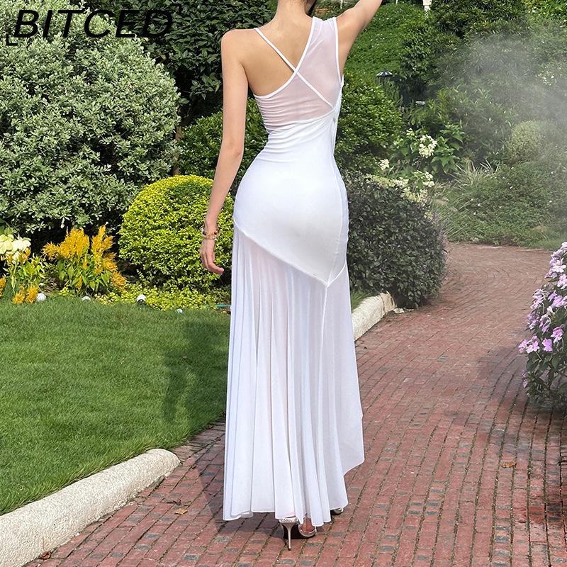 BITCED Summer Women's Solid-Colour Slim-Fit High-Waisted Fashion Strapless Sleeveless Mesh Dress