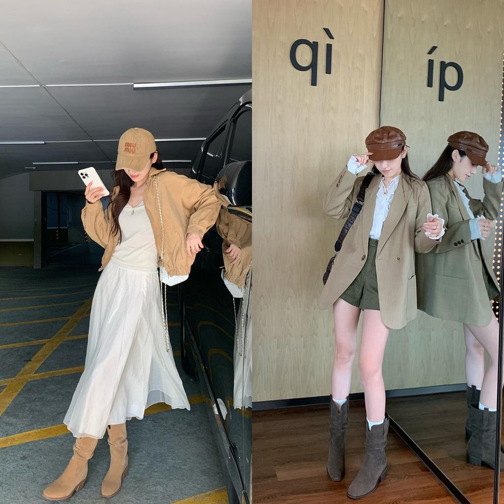 Cowhide grape mother with the same height increase of 8cm Korean round head V mouth thick heel thin pile short boots female western cowboy boots