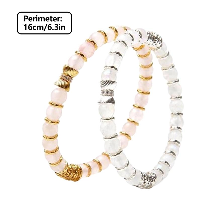 Natural Stone Stretch Bracelet Set, 2 Round Bead Bracelets with Mixed-Tone Spacers for Stacked or Separate Wear