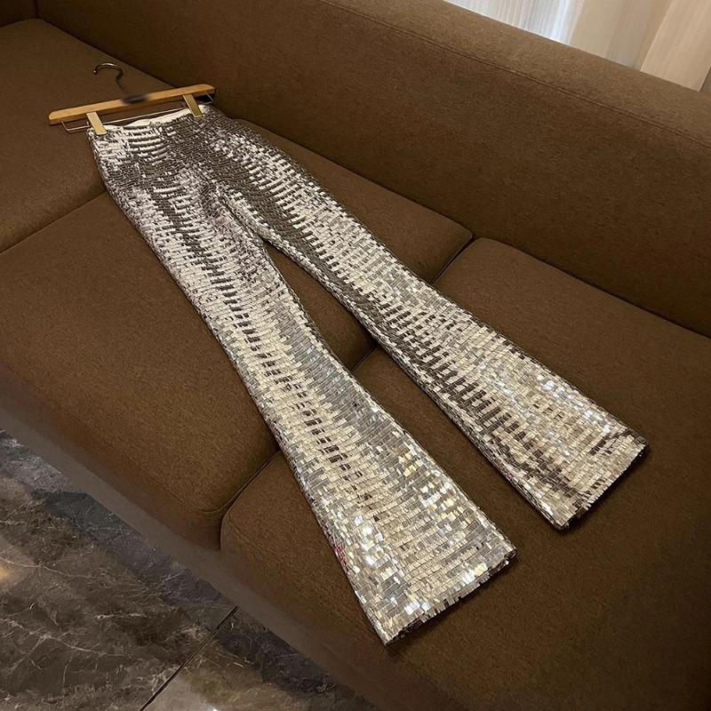 Solid Sequin Two Piece Sets Women Lapel Long Sleevel High Waist Pants Elegant Set Fashion