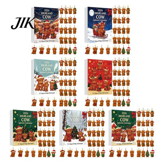 Christmas Tree Decorations Highland Cow Advent Calendar with 24 Acrylic Ornaments, Festive Countdown Party Supplies Box for Holiday Hanging Decor And