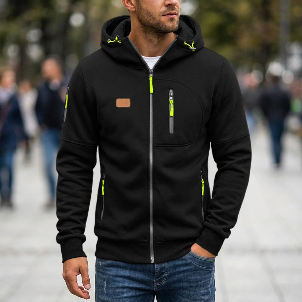Men's Zip-Up Hoodie with Multiple Pockets, Casual Long Sleeve Sweatshirt