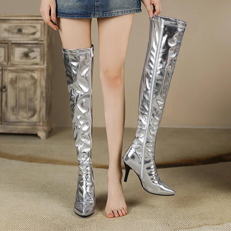 Sexy Silver Gold Metallic PU Over the Knee Boots Women High Spike Heel Club Show Party Lady Winter Plush Zipper Thigh High Boots