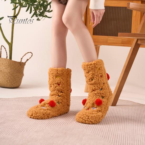 1 Pair Winter Floor Socks Cartoon Design Animal Embroidery Ultra Thick Fleece Keep Warm Mid-tube Non-slip Slipper Socks