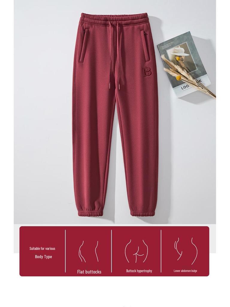 Women's 2025 Purple Fleece-Lined Cotton Zipper Harem Ankle-Tie Pants with Letter Embroidery