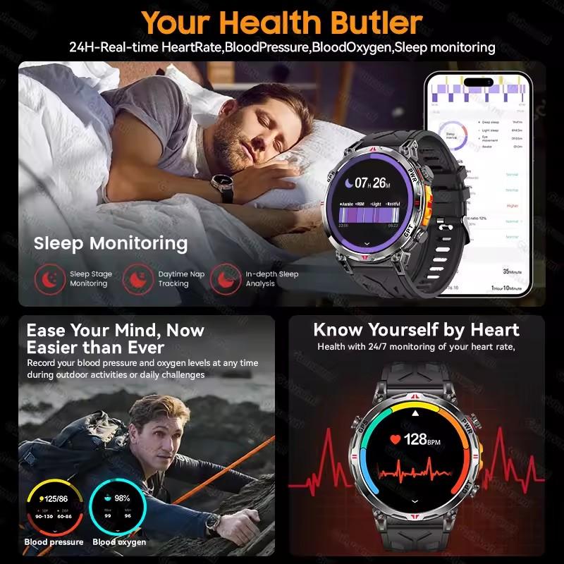 2026 Display Built-in GPS Smart Watch Men 1000Mah Battery Compass 10ATM IP69K Waterproof Tactics Sport Bluetooth call Smartwatch