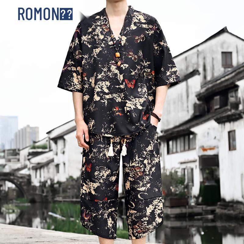 ROMON Men s New Chinese Style Floral Linen Blend Half-Sleeve Suit 2XL