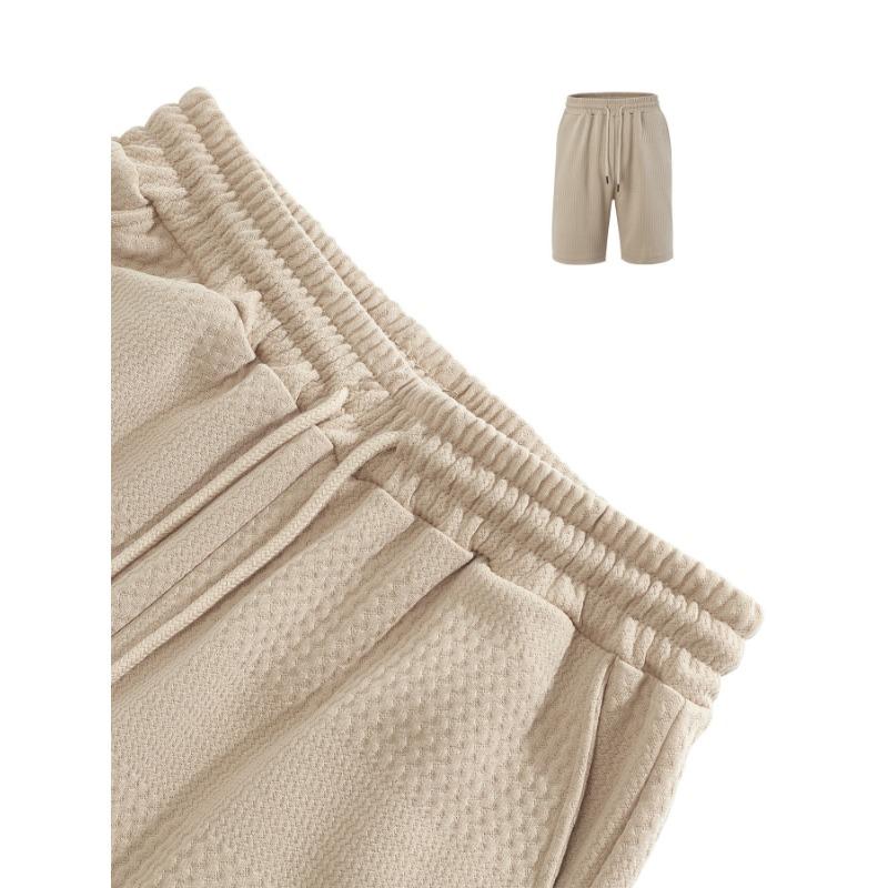 Mens Casual Two Piece Outfit Waffle Knit Short Sleeve Polo Shirt And Drawstring Shorts Set