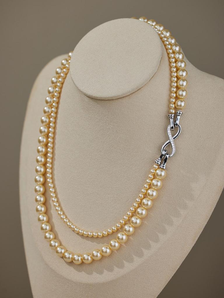 Shijia Pearl Double-Layered Necklace with Detachable 8-Shaped Buckle – Versatile Styles, Hemp Gray Chain.