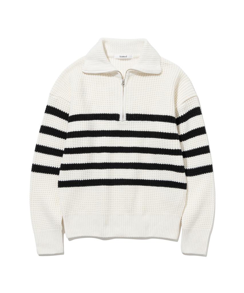 KNITTED Soft Cotton Heavy Waffle Half Zip Knit Stripe Ivory