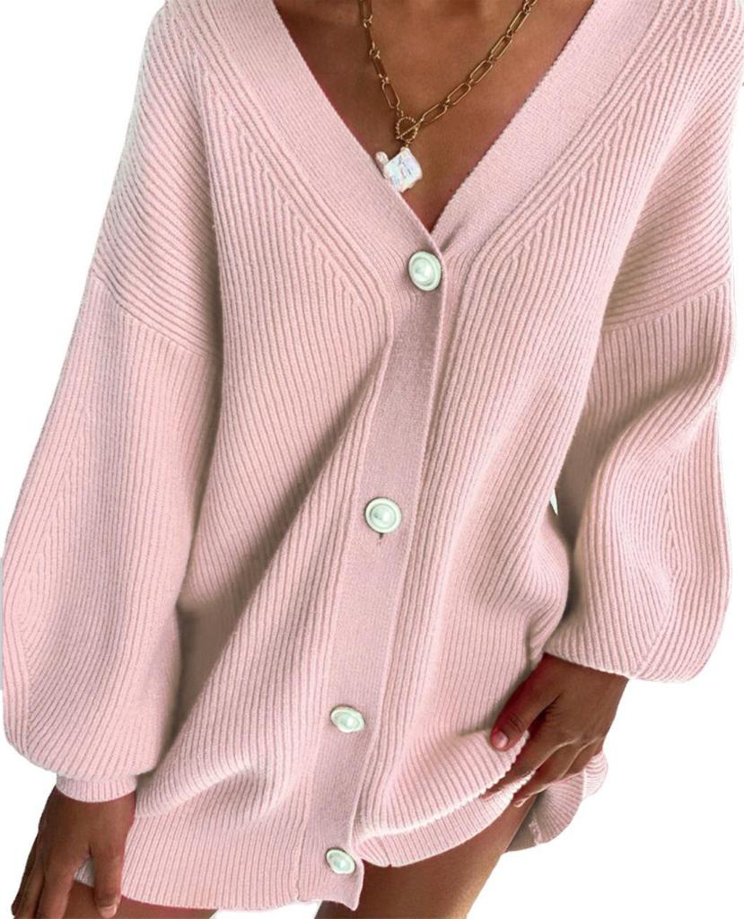 Women's Autumn/Winter Pearl Button Cardigan Sweater Coat - Loose Fit & Solid Color