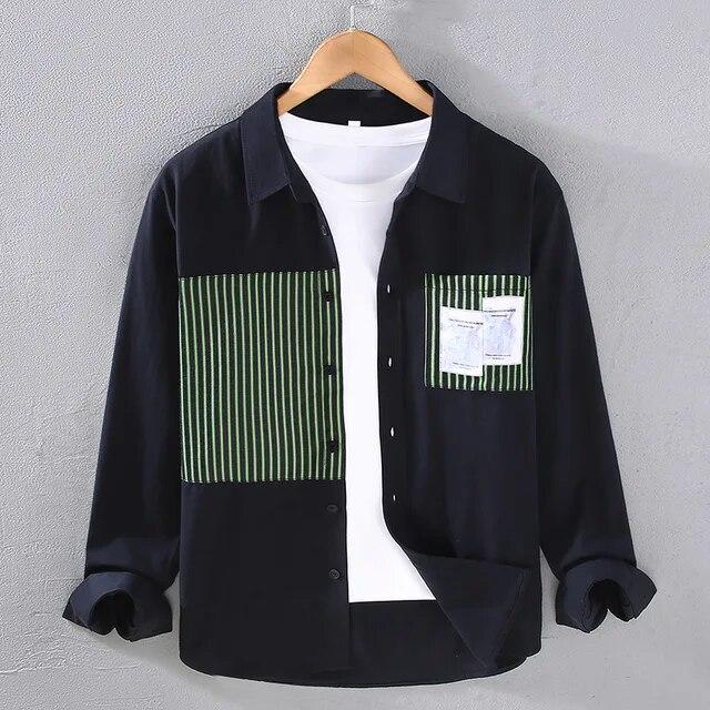

Корейская мужская рубашка с длинным рукавом Весенняя и летняя уличная одежда Молодежные популярные повседневные рубашки Полосатые лоскутные дизайнерские новые рубашки Топы из чистого хлопка XXXL чёрный