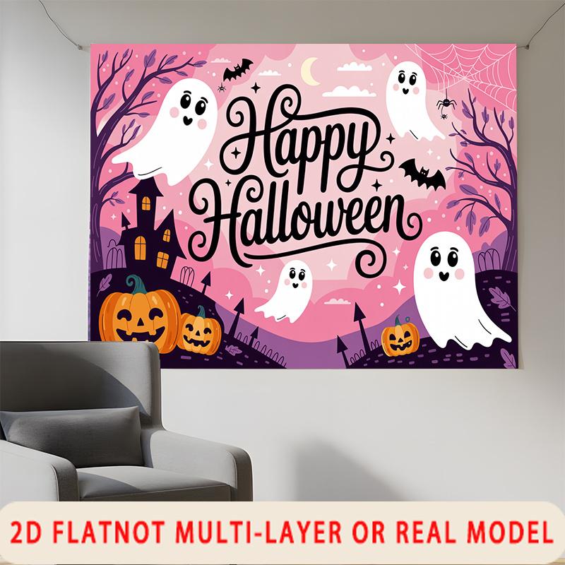 Party Backdrop Halloween Flat Spanish Language Ghosts Pumpkins Spooky Haunted House Photo Booth Background Front Door Decor