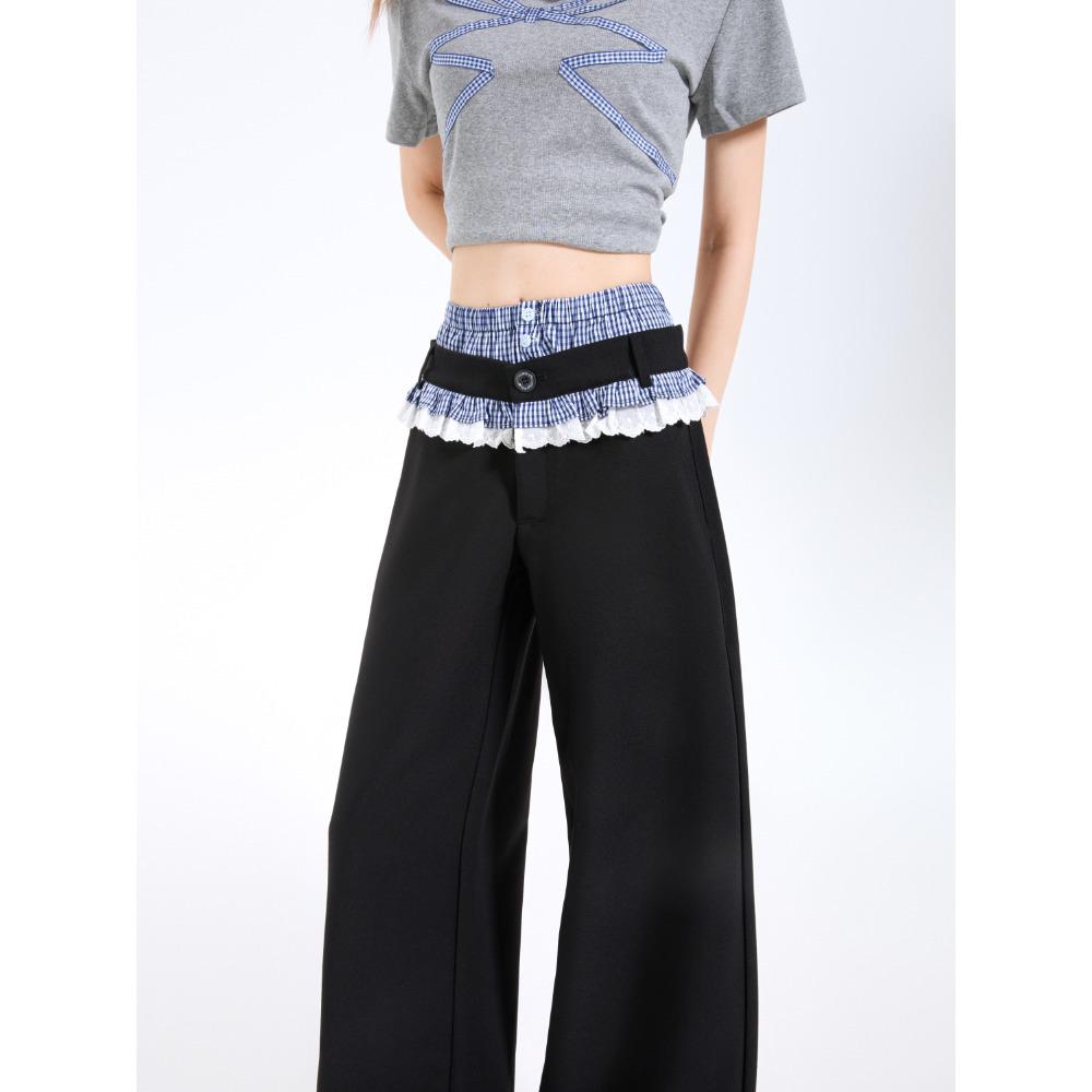 Plaid Patchwork Lace Double Waistband Wide-Leg Pants for Women - New 2025 Spring/Autumn Casual Long Pants