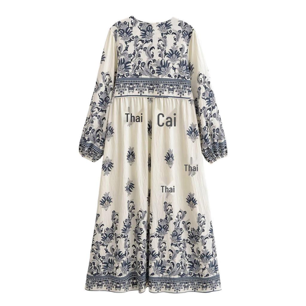 2026 Spring European & American Style Women's Bohemian Tassel Print Loose Dress