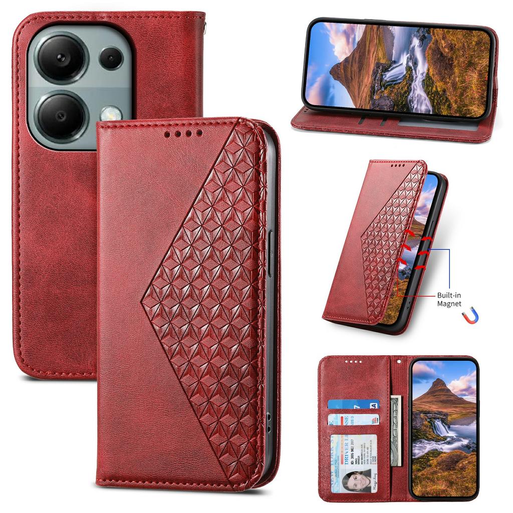For Xiaomi Redmi Note 13 Pro 4G Case PU Leather Rhombus Imprinted Pattern Wallet Phone Cover