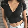 Dámské triko s hlubokým výstřihem do V krátkým rukávem Tričko s odhaleným pupíkem Slim Fit Jednobarevné topy Lehké strečové topy
