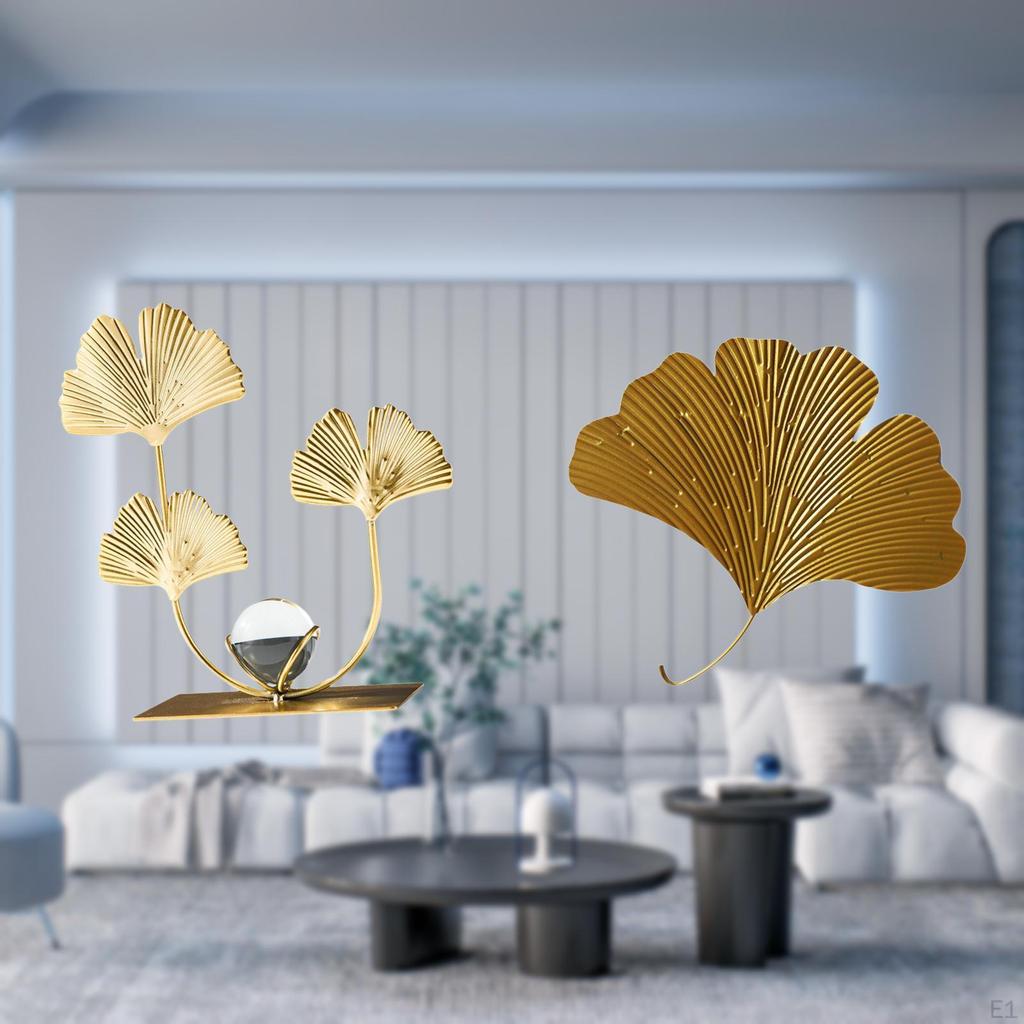 Wrought Iron Ginkgo Leaves Statue Modern Sculpture Wall Decor Decorative Desktop Ornament for Living