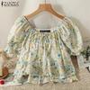 ZANZEA Women Casual Round Neck Loose Short Sleeve Floral Print Blouse