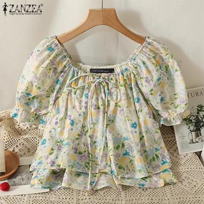 Naiste vabaaja ümmarguse kaelusega lai lühikeste varrukatega lillelise prindiga pluus