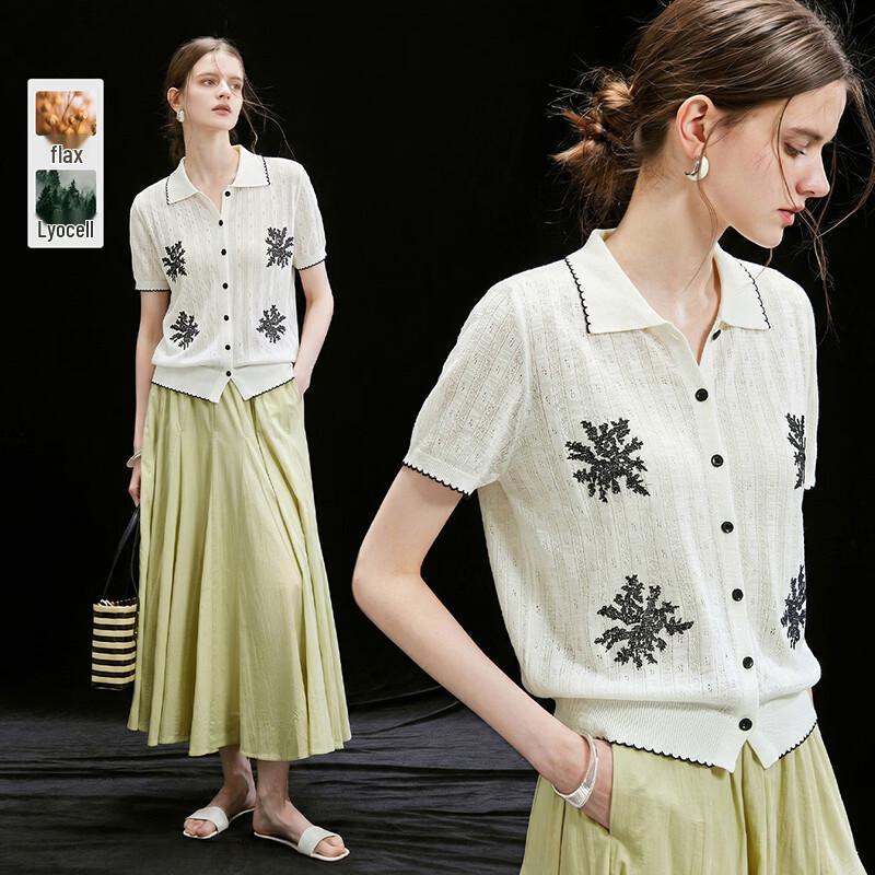 Tencel Linen Blend Jacquard Knit Polo Shirt L