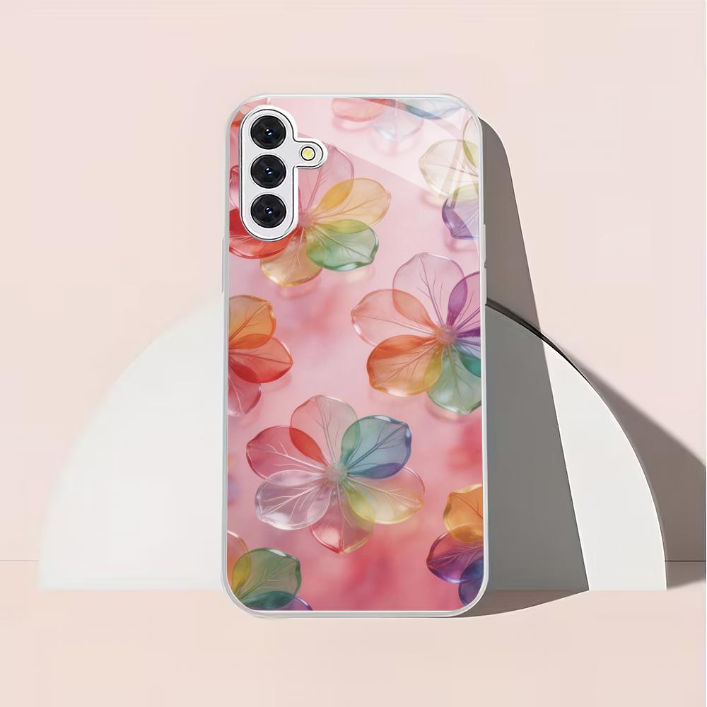 Pink floral patterned glass phone case suitable for Samsung Galaxy S26 S25 S24 S23 S22 S20 FE/Ultra/Plus anti drop back cover