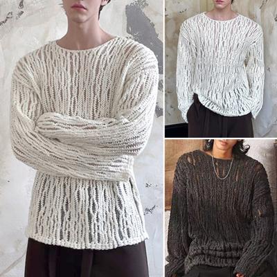 Men Sweater Round Neck Long Sleeve Hollow Out Sexy Perspective Pullover Tops