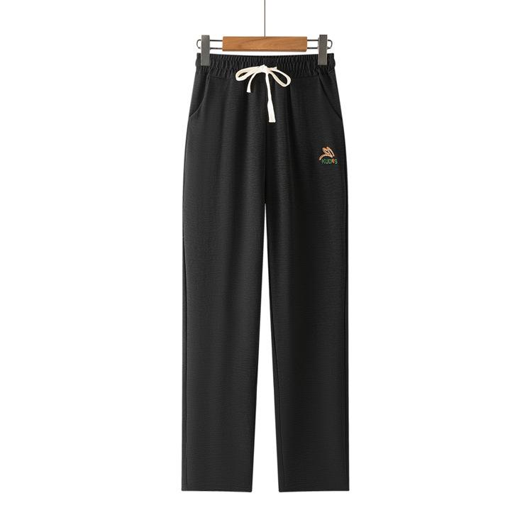 2025 New High-waisted Drawstring Women's Pants, Embroidered Ice Silk Casual Pants, Loose Straight-leg Pants