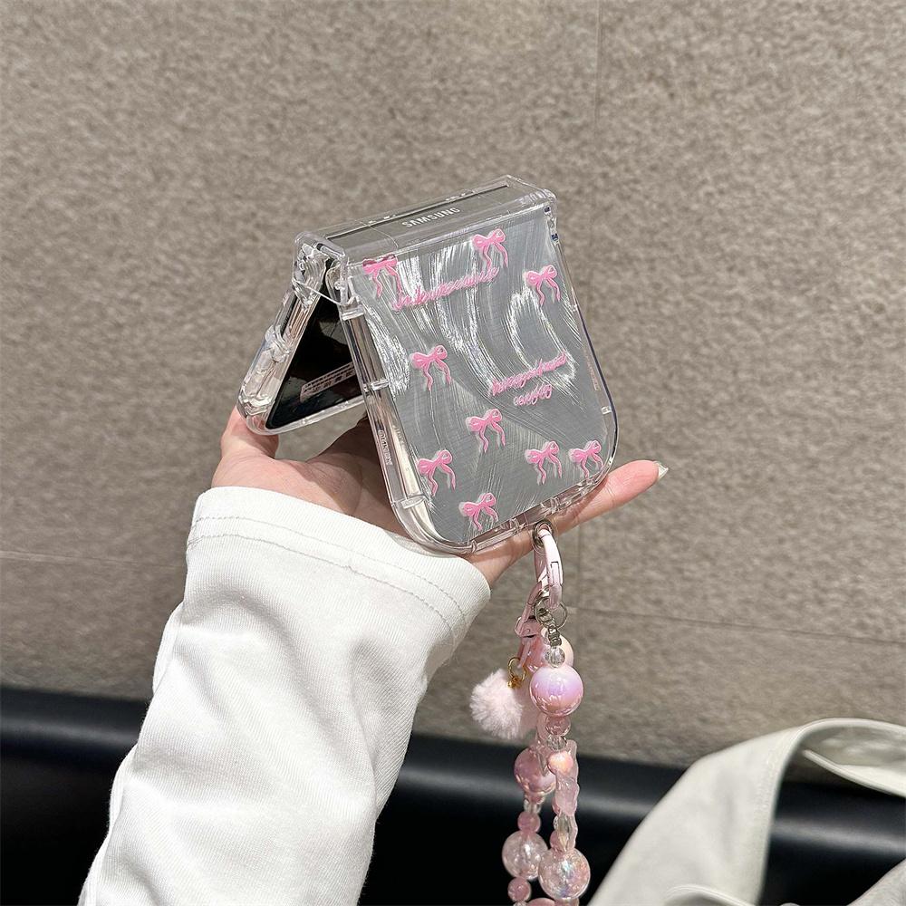 Korean Cute Bowknot Phone Case For Samsung Z Flip 6 5 4 3 Cover with Chain Clear Hinge Cases for Galaxy Z Flip5 Flip6 Flip4 Capa