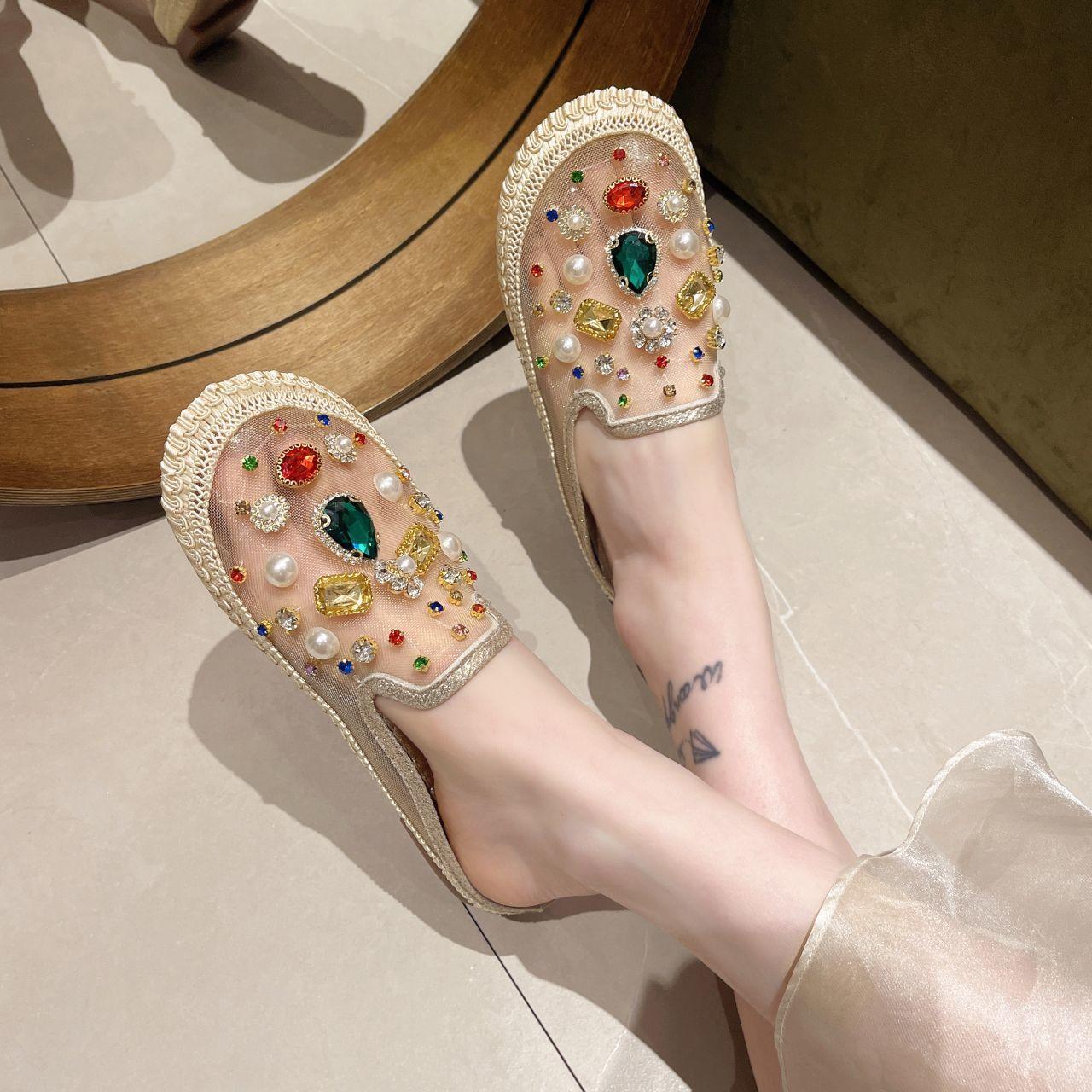 Рыбацкие туфли для женщин на весну и лето дышащие со стразами на плоской подошве повседневные универсальные с ленивой сумкой полуботинки 40 2130₽